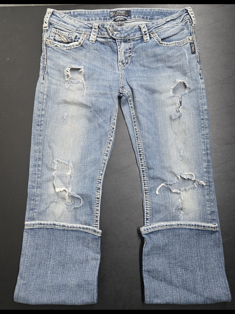 Silver Jeans Light Blue Distressed Low Rise Y2K Boot Cut Jeans
